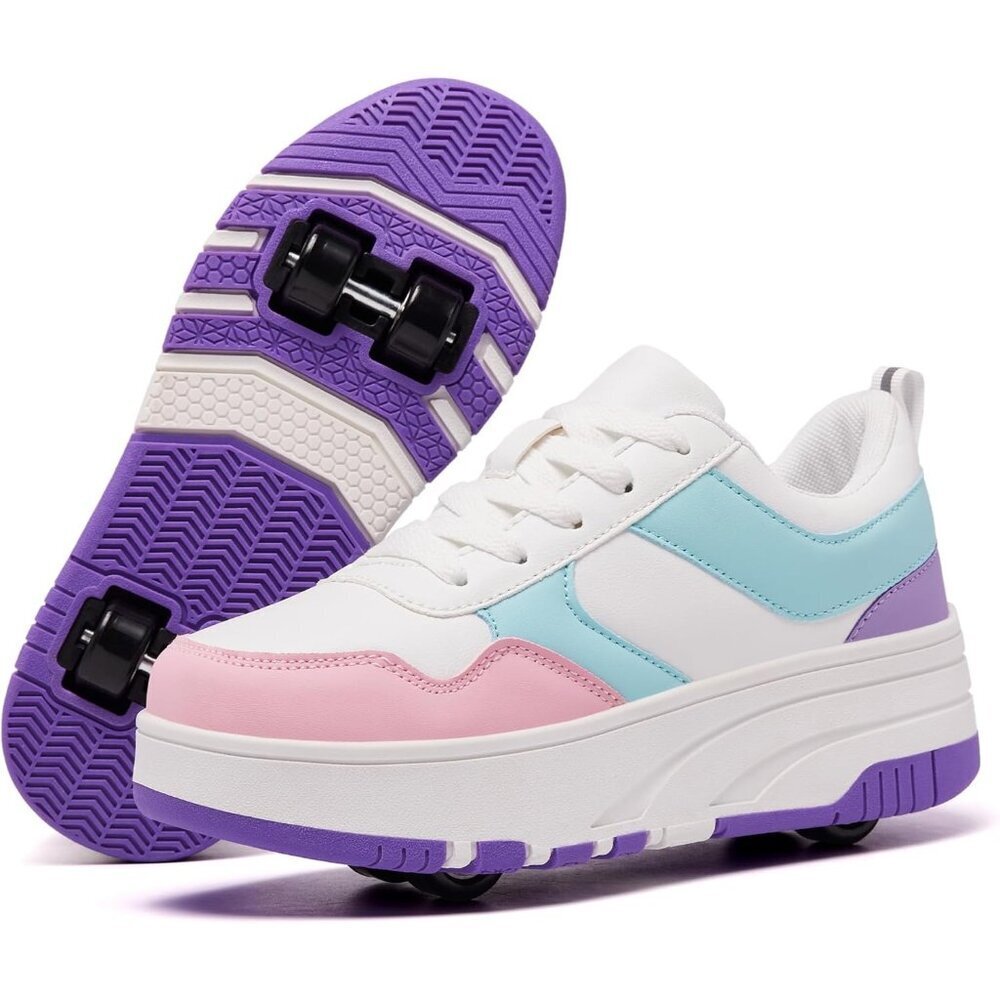 Kids White/purple Detachable Wheeled Fashion Sneakers Roller Skate Shoes